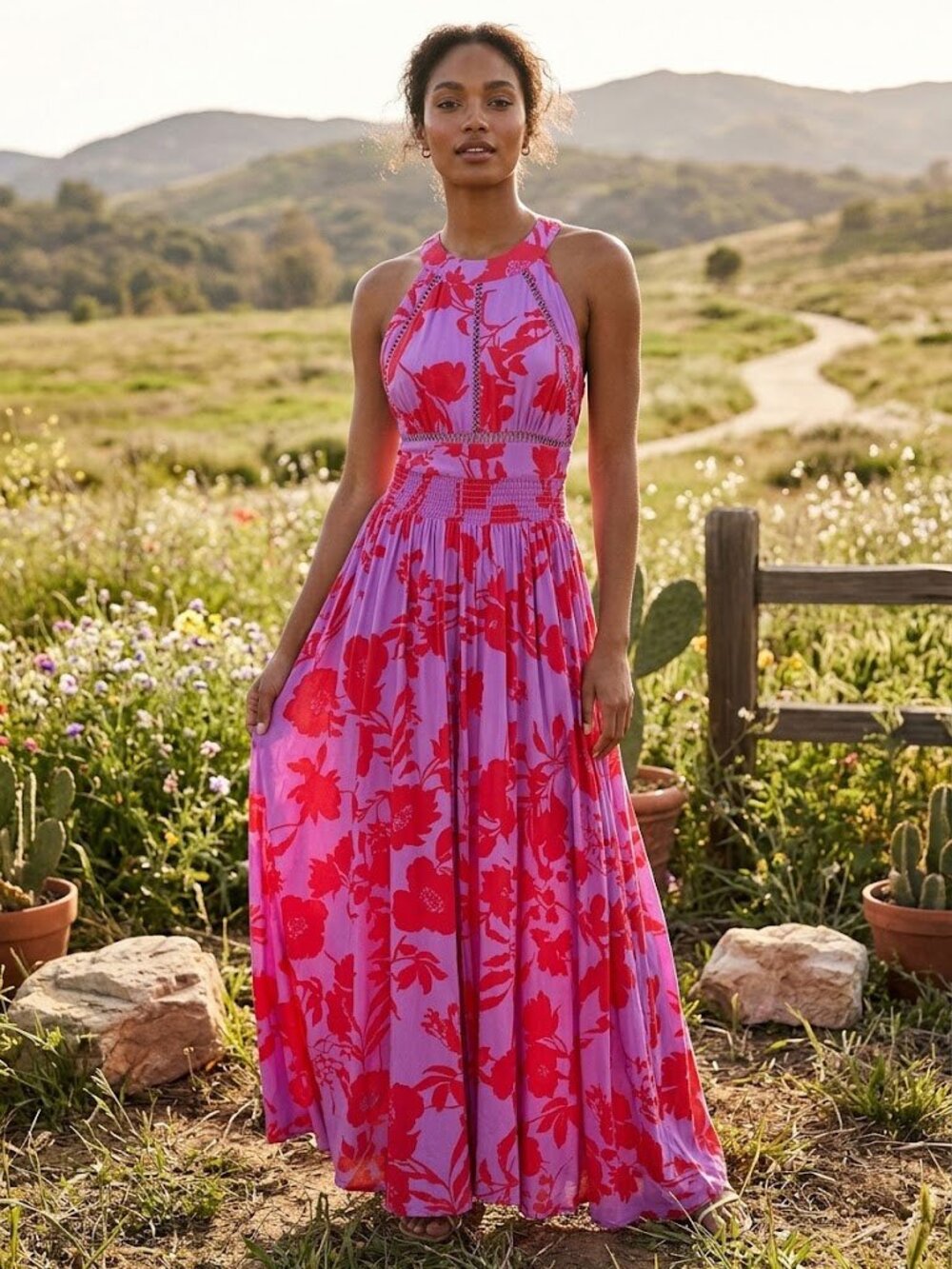 Anthropologie Abel the Label Charlotte Pink Red Floral Print Halter Maxi Dress
